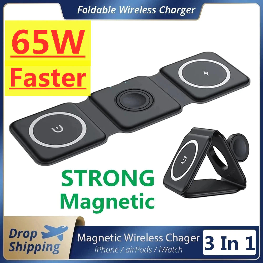 65W 3 in 1 Foldable Magnetic Wireless Charger for Iphone 14 13 12 Pro XS X Fast Wireless Charging Pad for Airpods Pro Iwatch