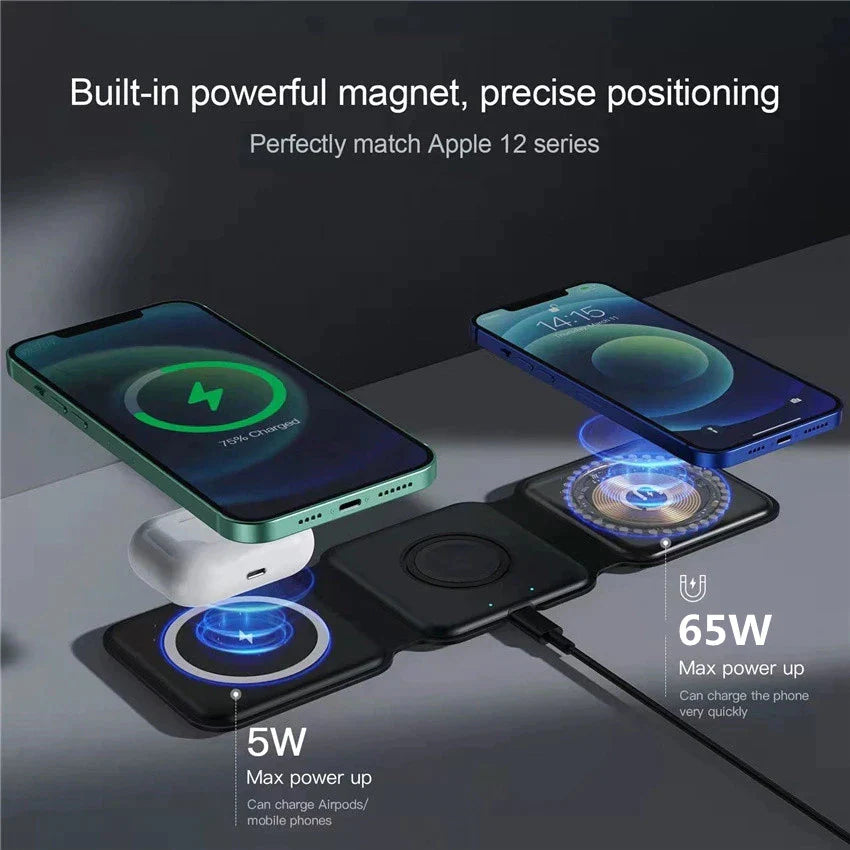 65W 3 in 1 Foldable Magnetic Wireless Charger for Iphone 14 13 12 Pro XS X Fast Wireless Charging Pad for Airpods Pro Iwatch